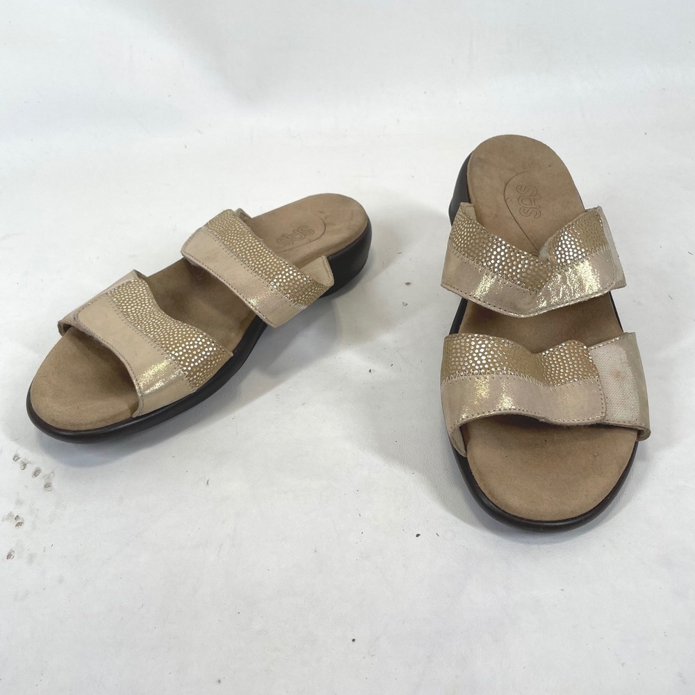 SAS Nudu Womens Sandals 8 W Gold Metallic Beige Slide Adjustable Straps D8331891